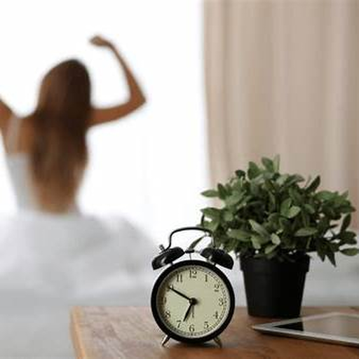 A real-life wake-up scene with an alarm clock on a bedside table and a person stretching in the background